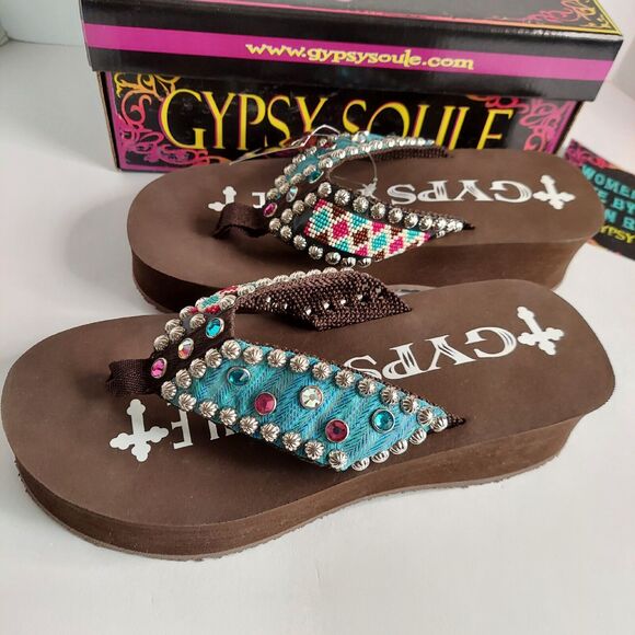 New Gypsy Soule Flip Flop Sandals Swarovski Crystals Sz 10 Brown Blue Aztec Box - Picture 4 of 16